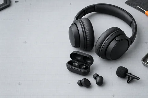 Headphones, wireless earbuds and a clip-on microphone on technical paper
