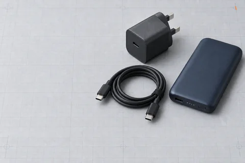 UK wall charger, USB-C cable and portable power bank on technical paper