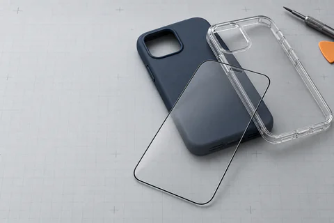 Protective phone cases and a tempered-glass screen protector on technical paper
