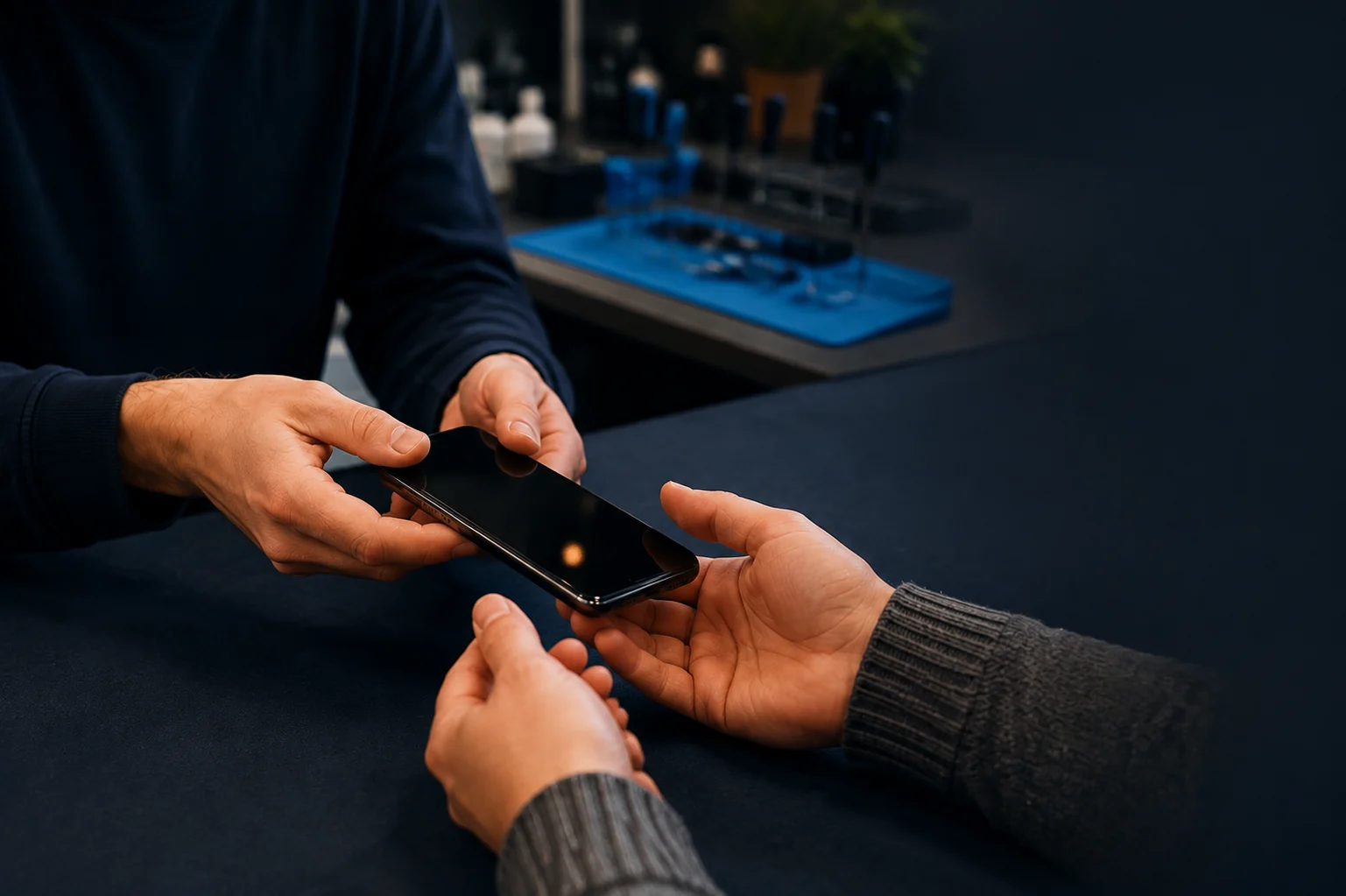 Hand holding a device ready for charging-port assessment
