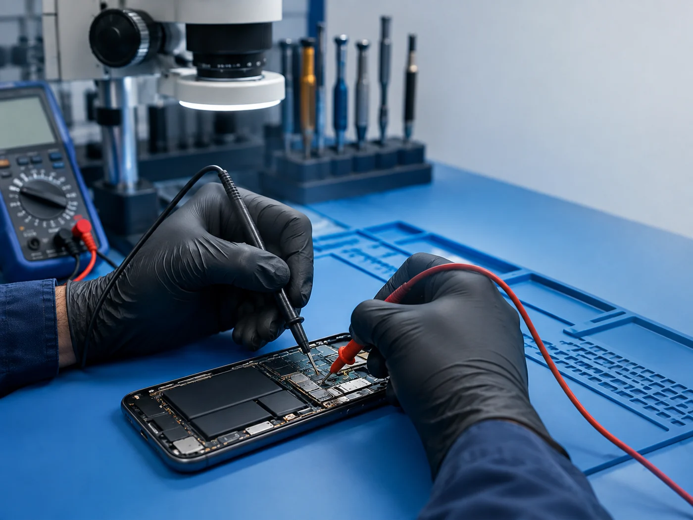 Illustrative close view of a technician assessing an electronic component at a repair bench