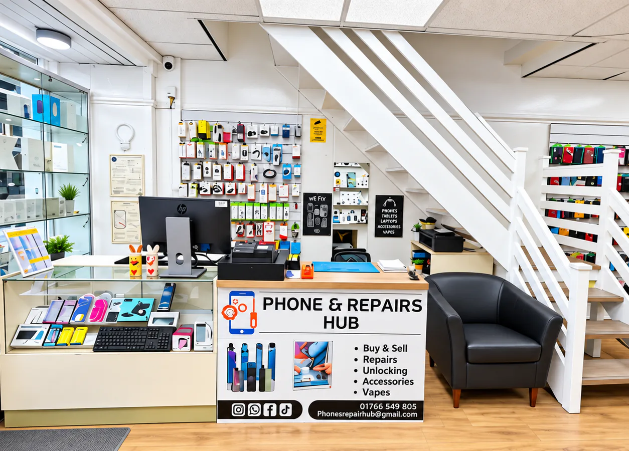 Phones & Repair Hub service counter, customer seating and product displays