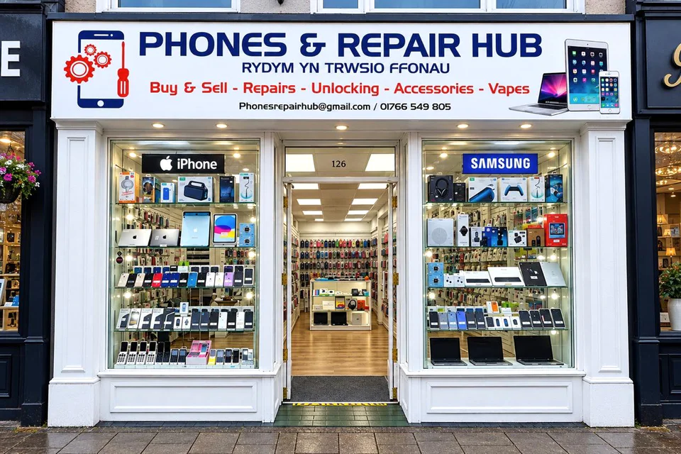 Front of the Phones & Repair Hub shop at 126 High Street in Porthmadog